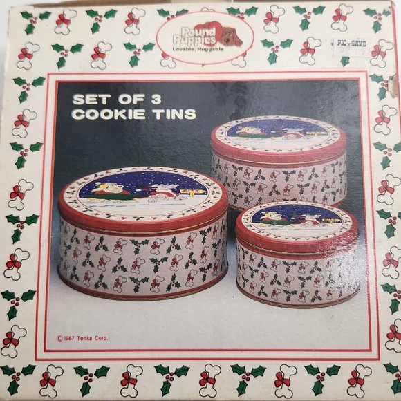 Vintage 1987 Cookie Christmas Storage Tins Pound Puppies Nesting Set Of 3 - Picture 3 of 6